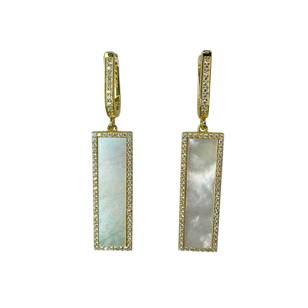 Yellow silver drop earrings featuring rectangular mother of pearl centers framed by sparkling cubic zirconia borders.