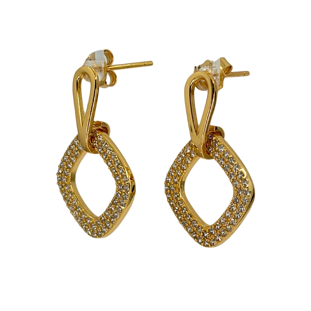 Yellow sterling silver drop earrings with a shimmering bail and cz set open square drop.