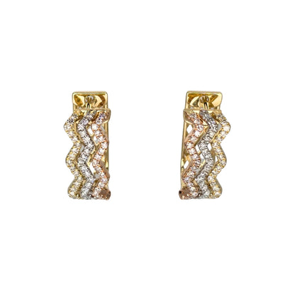 Tri-Color Round Diamond Zigzag Hoop Earrings