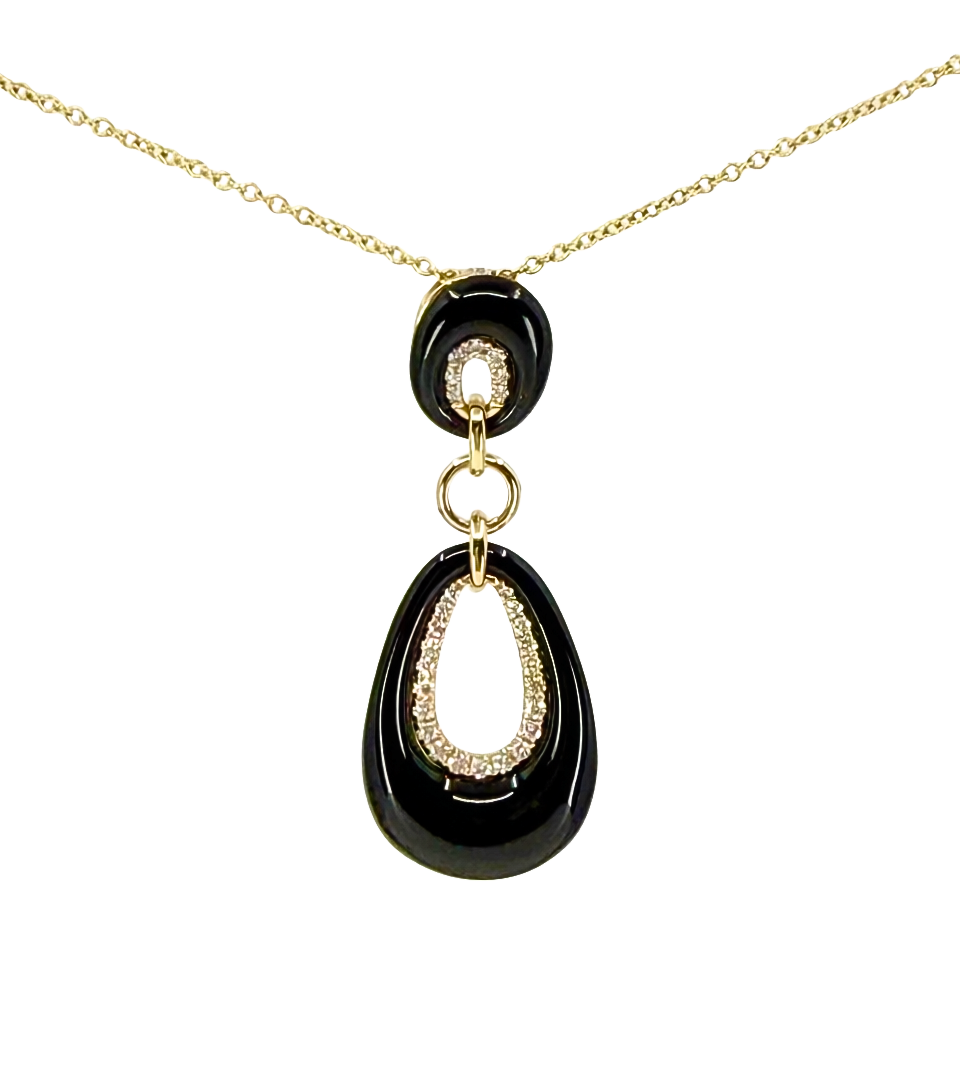 Yellow Gold Onyx and Diamond Drop Nscklace