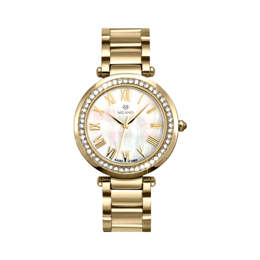 Yellow Stainless Steel Watch with a Mother of Pearl Dial