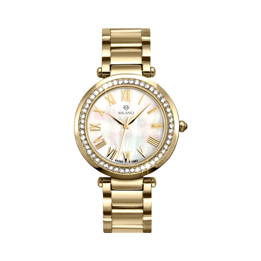 Yellow Stainless Steel Watch with a Mother of Pearl Dial