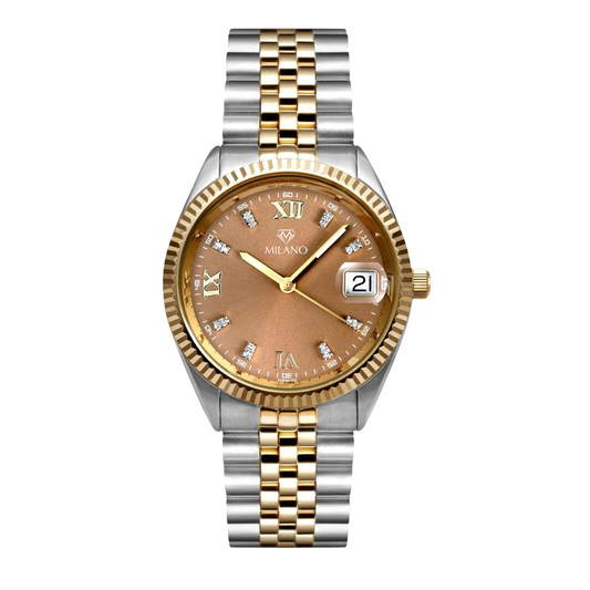 Two Tone Mocha Dial Watch with Double Diamond Markers