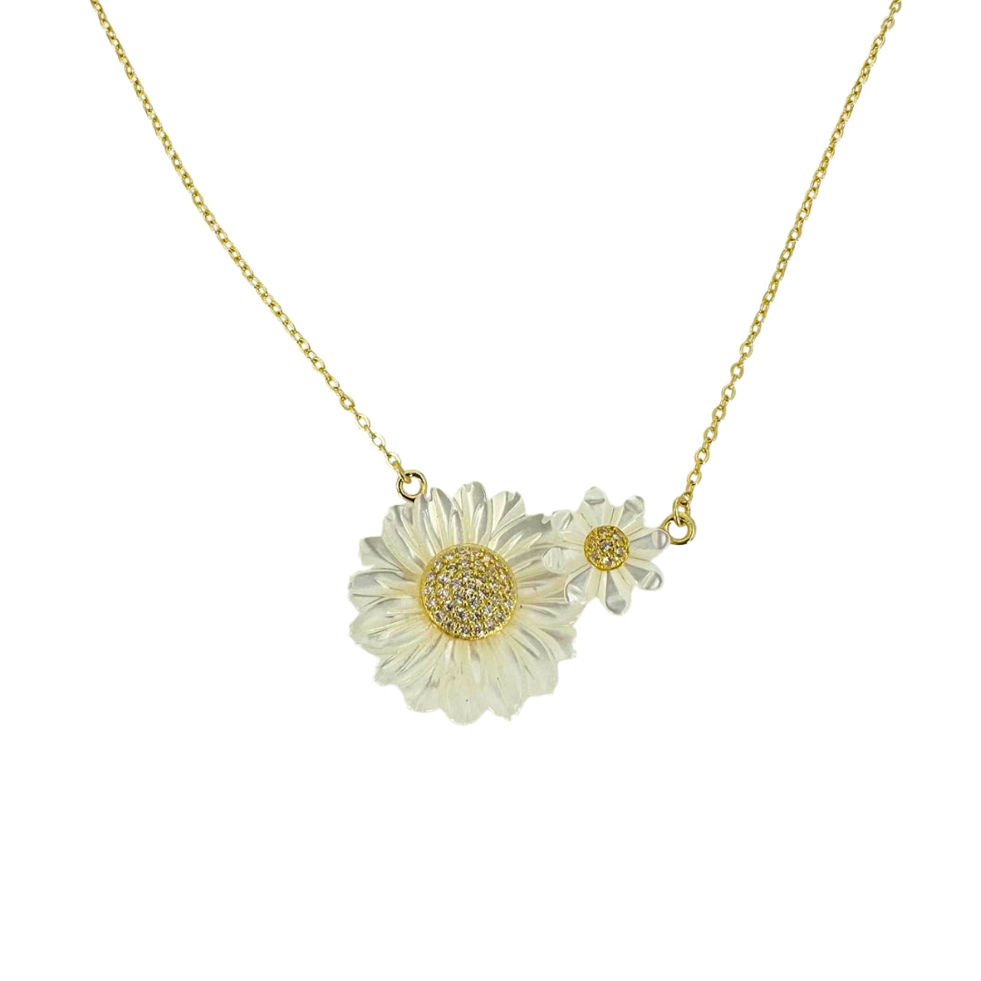 Silver Carved Mother of Pearl Flower Necklace