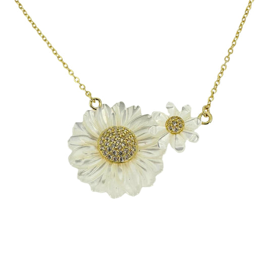 Silver Carved Mother of Pearl Flower Necklace