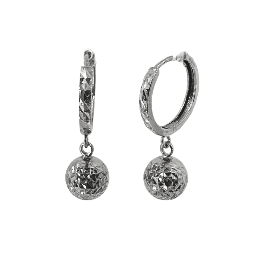 White Silver Diamond Cut Ball Huggy Hoops
