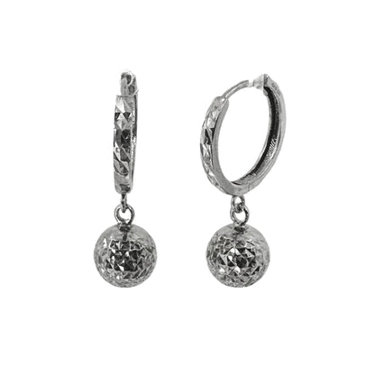 White Silver Diamond Cut Ball Huggy Hoops