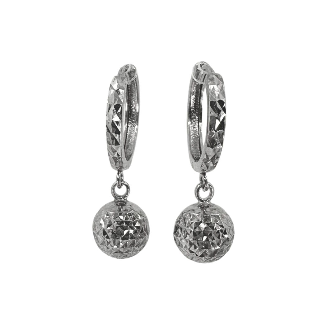 White Silver Diamond Cut Ball Huggy Hoops