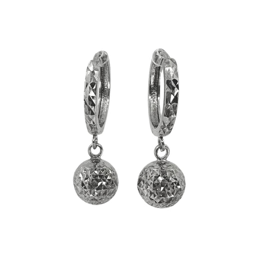 White Silver Diamond Cut Ball Huggy Hoops