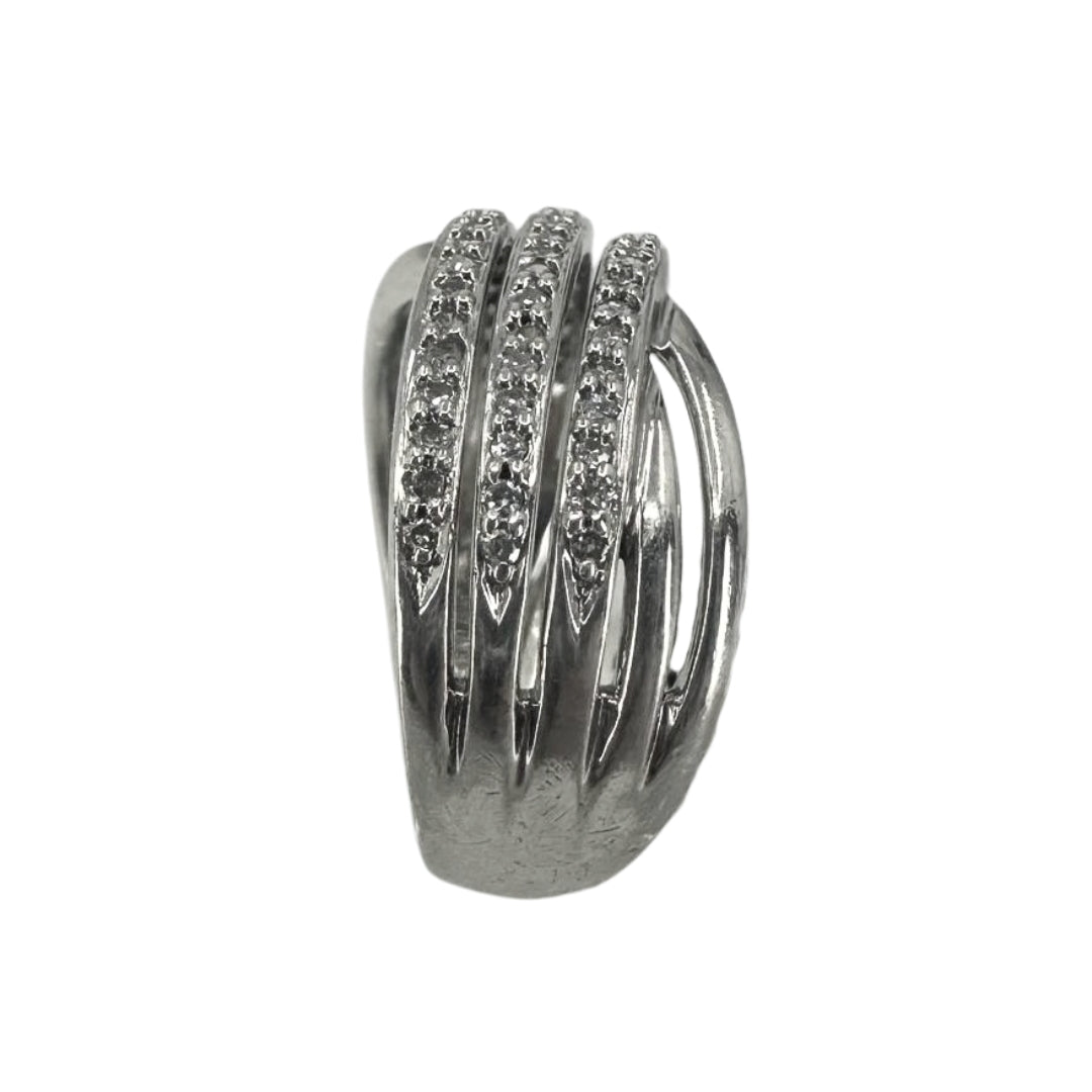White Silver Triple Row Diamond Crossover Ring