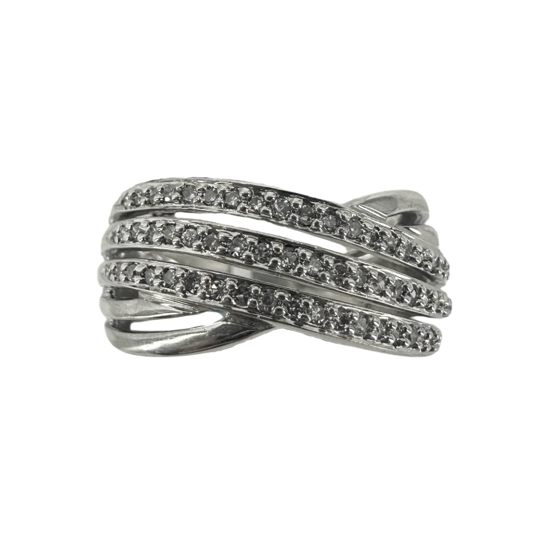 White Silver Triple Row Diamond Crossover Ring