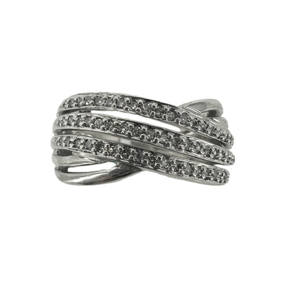 White Silver Triple Row Diamond Crossover Ring