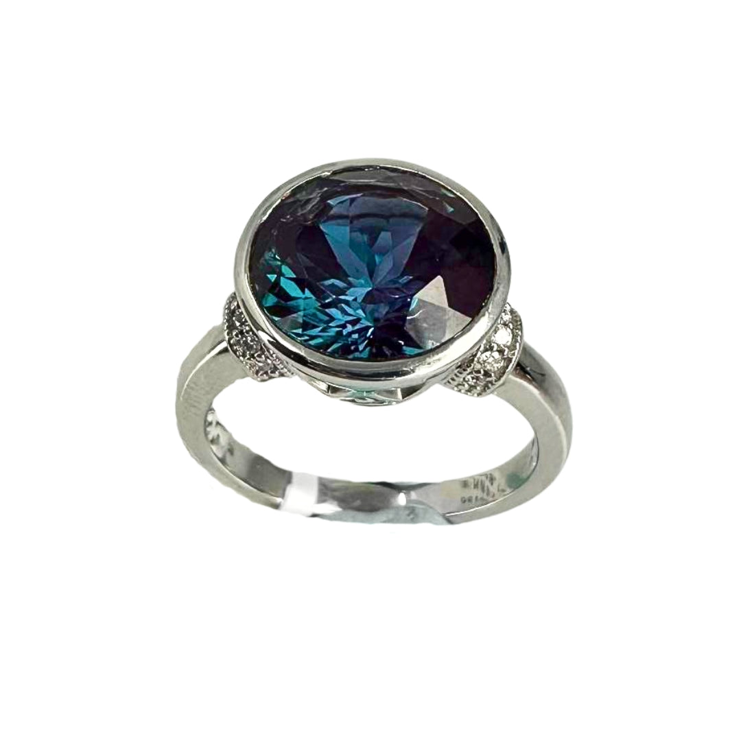White Gold Round Bezel Set Alexandrite Ring