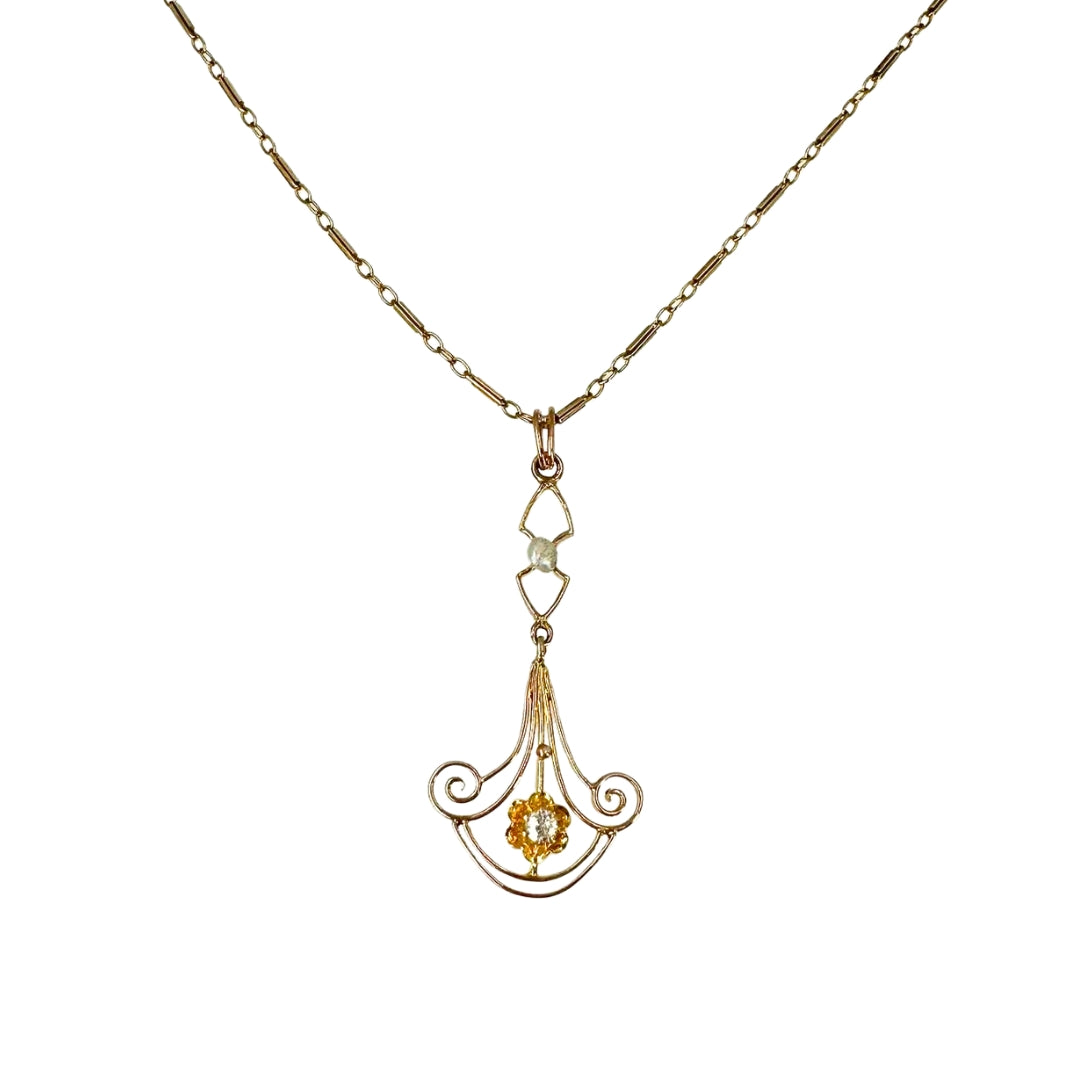 Vintage Rose Gold Diamond and Pearl Drop Neckalce