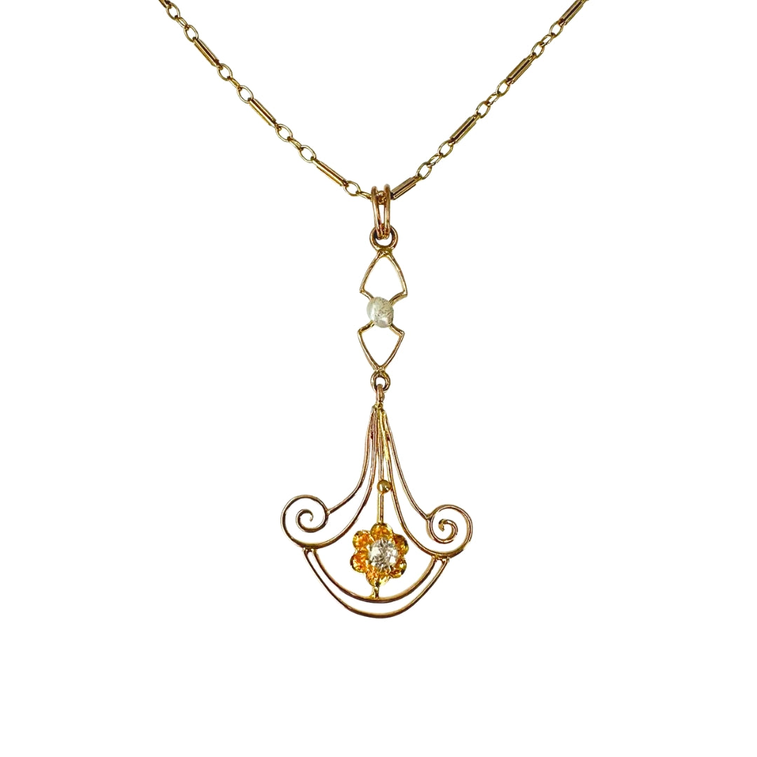 Vintage Rose Gold Diamond and Pearl Drop Neckalce