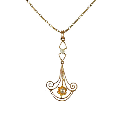 Vintage Rose Gold Diamond and Pearl Drop Neckalce