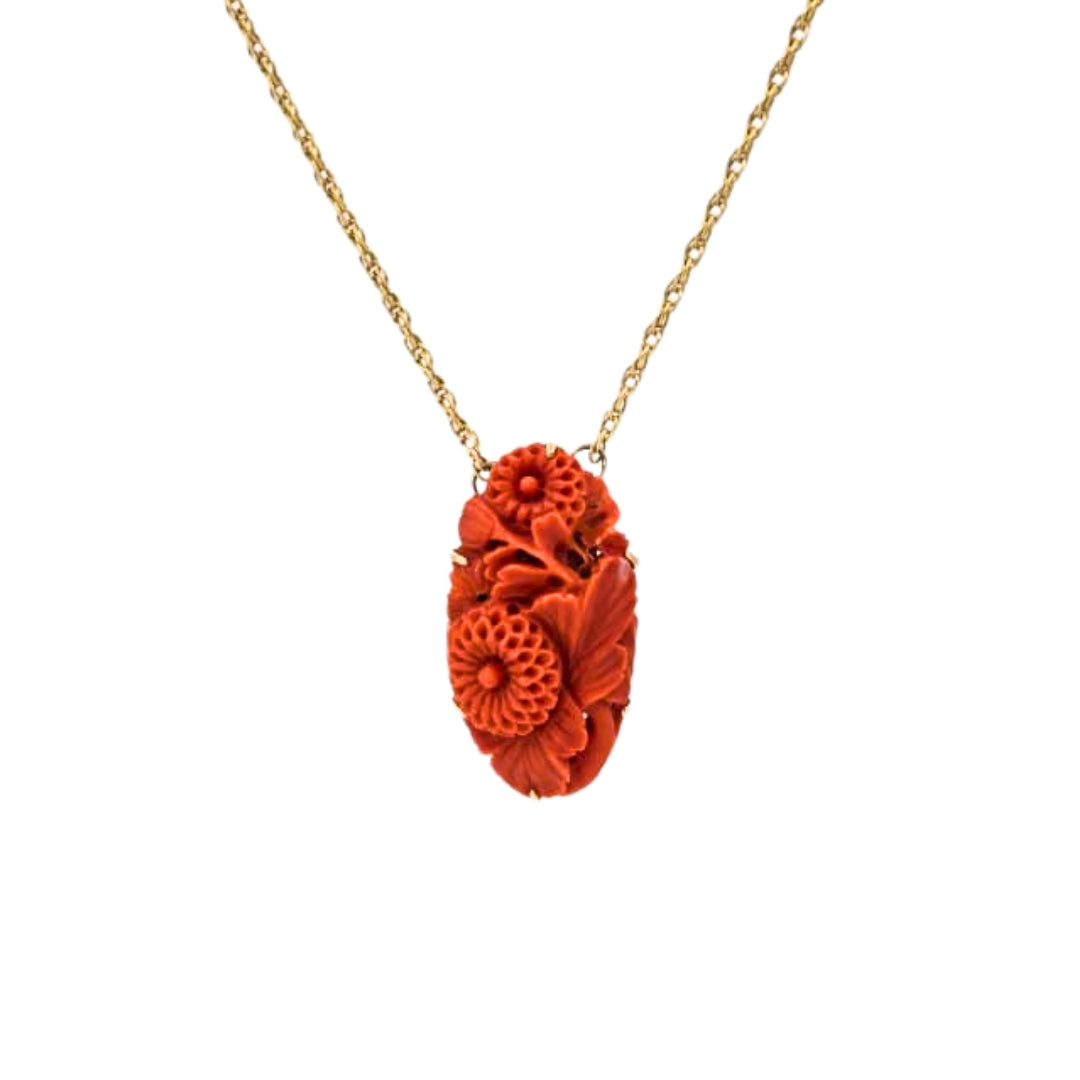 Gold Carved Coral Vintage Necklace