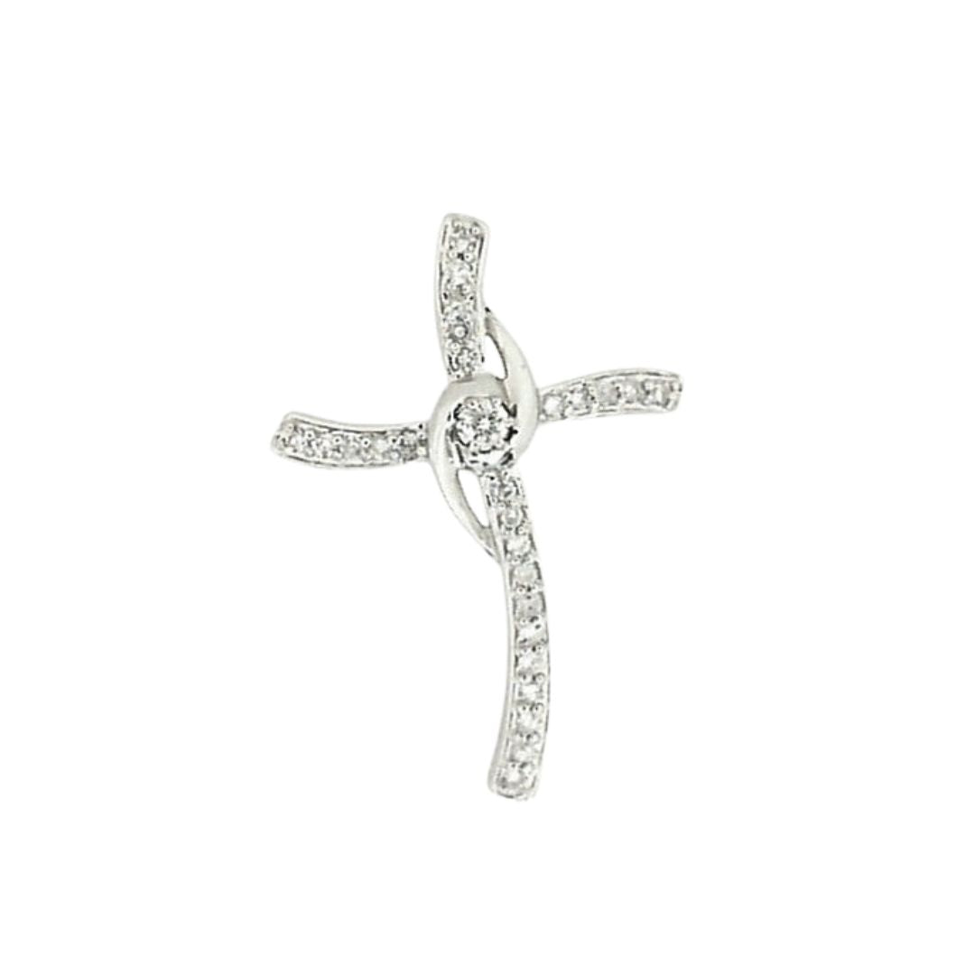 Curved White Gold Diamond Cross Pendant