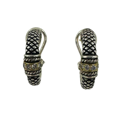 Two Tone Diamond Antiqued Hoop Earrings