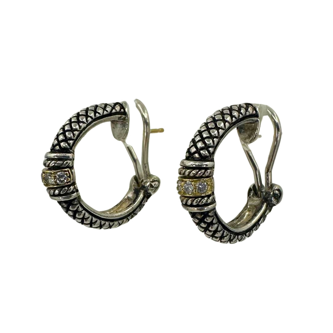 Two Tone Diamond Antiqued Hoop Earrings