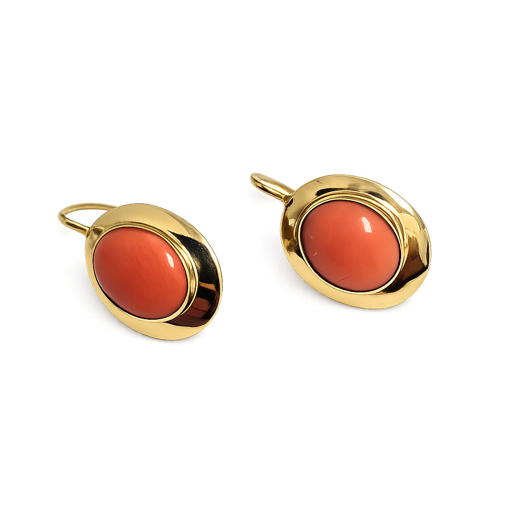 Yellow Gold Cabochon Coral Earrings