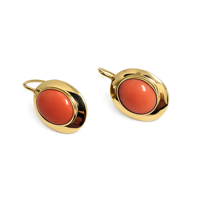 Yellow Gold Cabochon Coral Earrings