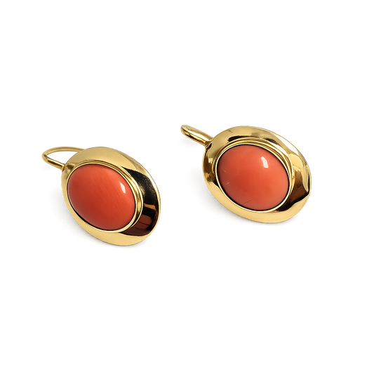 Yellow Gold Cabochon Coral Earrings