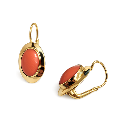 Yellow Gold Cabochon Coral Earrings