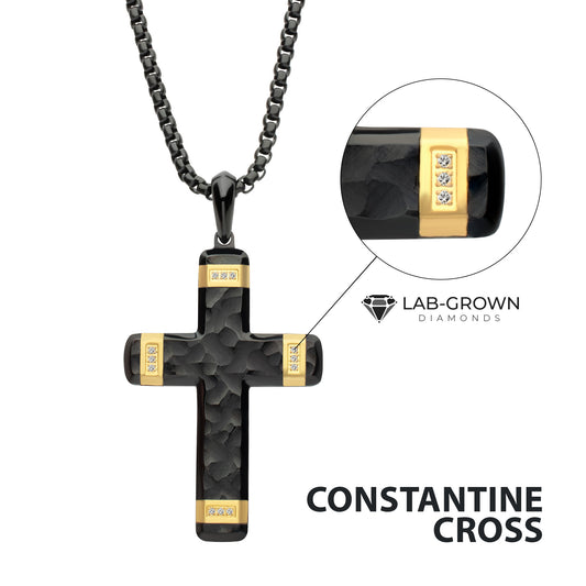 Black and Yellow Stainless Steel Cross Pendant with Lab Grown Diamond Accents