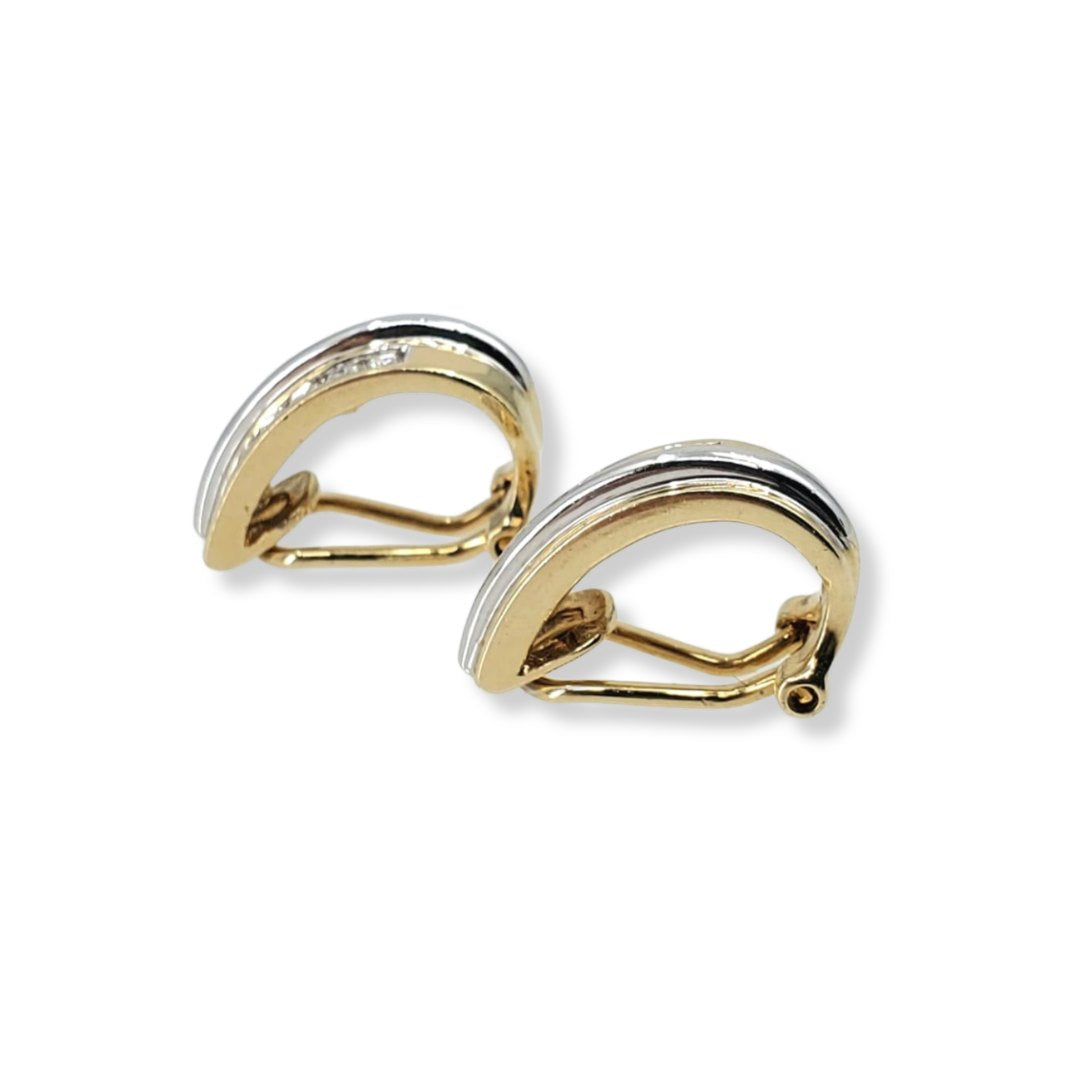 Two Tone Diamond Omega Clip J-Hoop Earrings