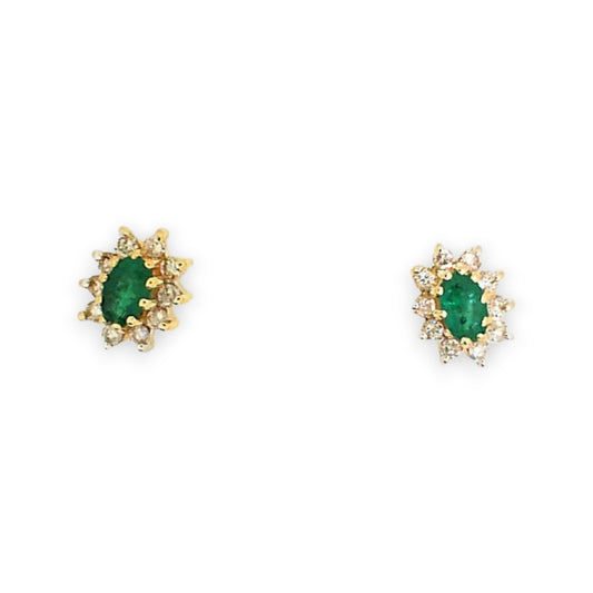 Yellow Gold Emerald Halo Stud Earrings