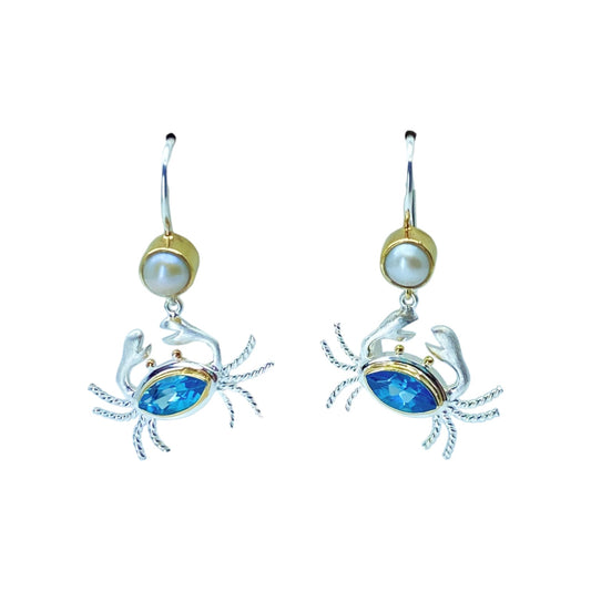 Two Tone Sterling Silver Crab Nautical Earrings