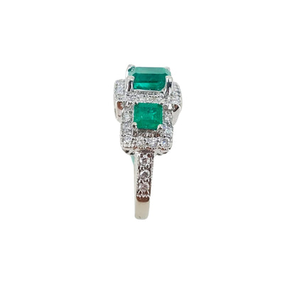 White Gold Three Emerald Cut Emerald and Diamond Ring