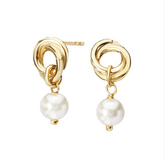 Yellow Gold over Sterling Silver Knot Earrings with Pearl