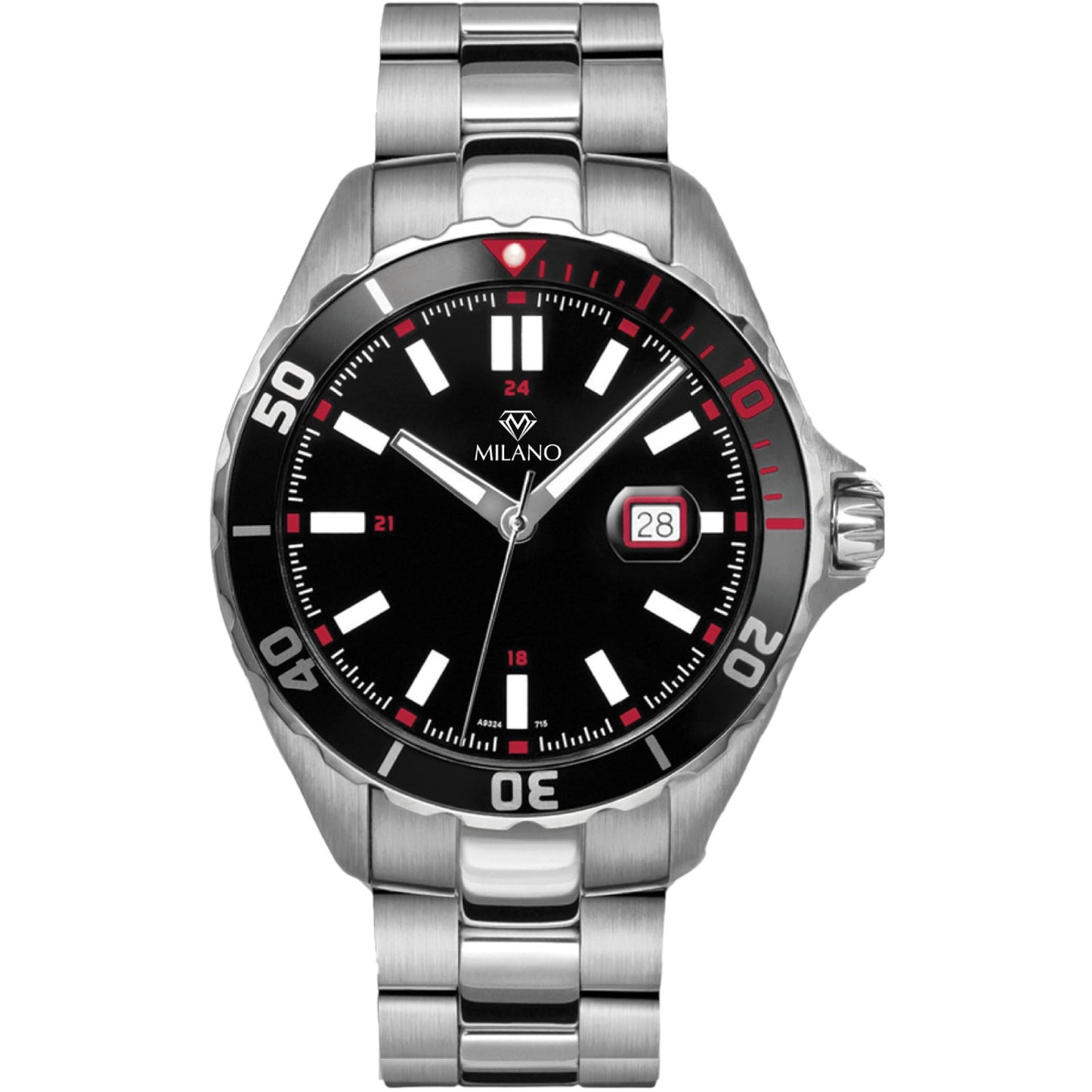 White Stainless Steel Dive Watch with Black and Red Dial