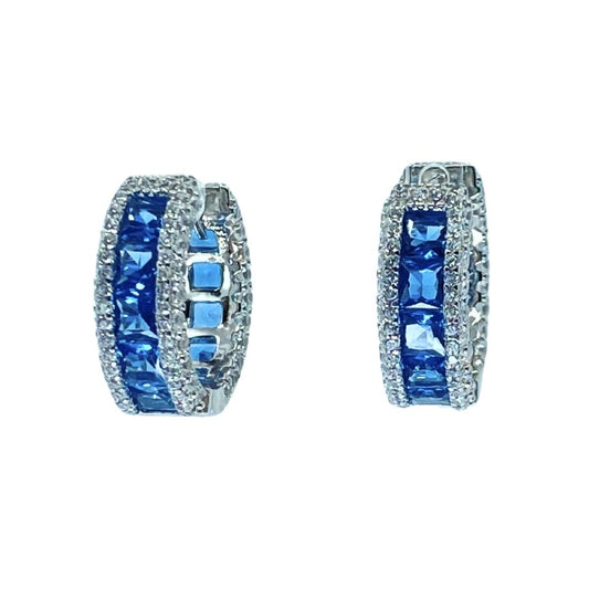 White Sterling Silver Blue Cz Huggy Earrings