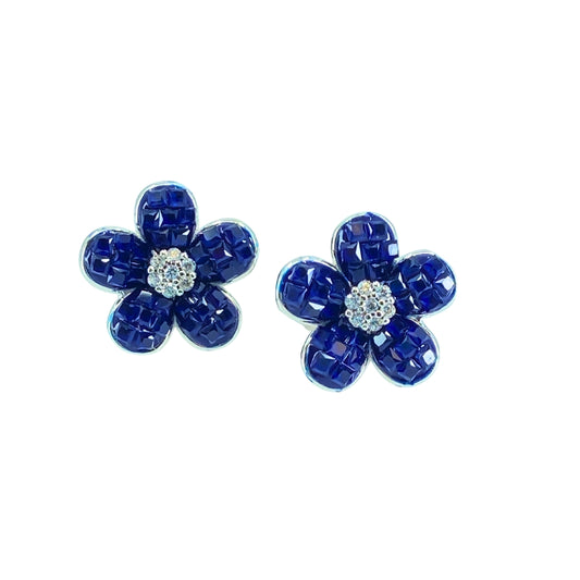 White Sterling Silver Blue Crystal Flower Earrings