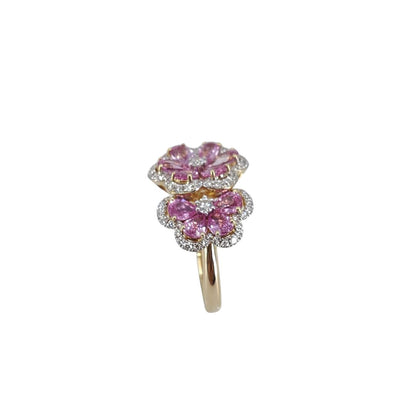 18 Karat Yellow Gold Pink Sapphire and Round Diamond Triple Flower Ring