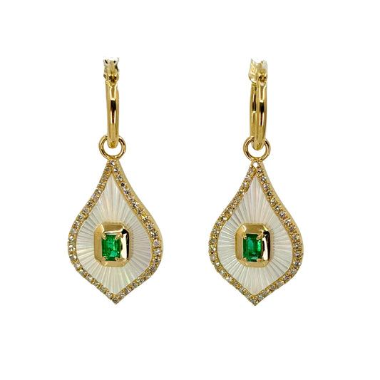 Fantasy Cut Mother of Pearl and Emerald Drop Earrings