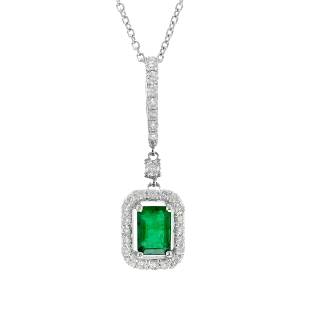 White Gold Halo Emerald Pendant with Elongated Bail