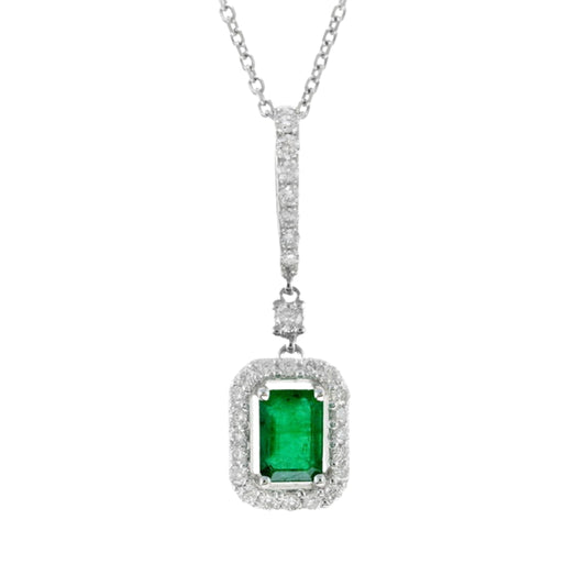 White Gold Halo Emerald Pendant with Elongated Bail