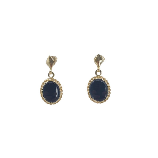 Yellow Gold Oval Onyx Drop Earrings