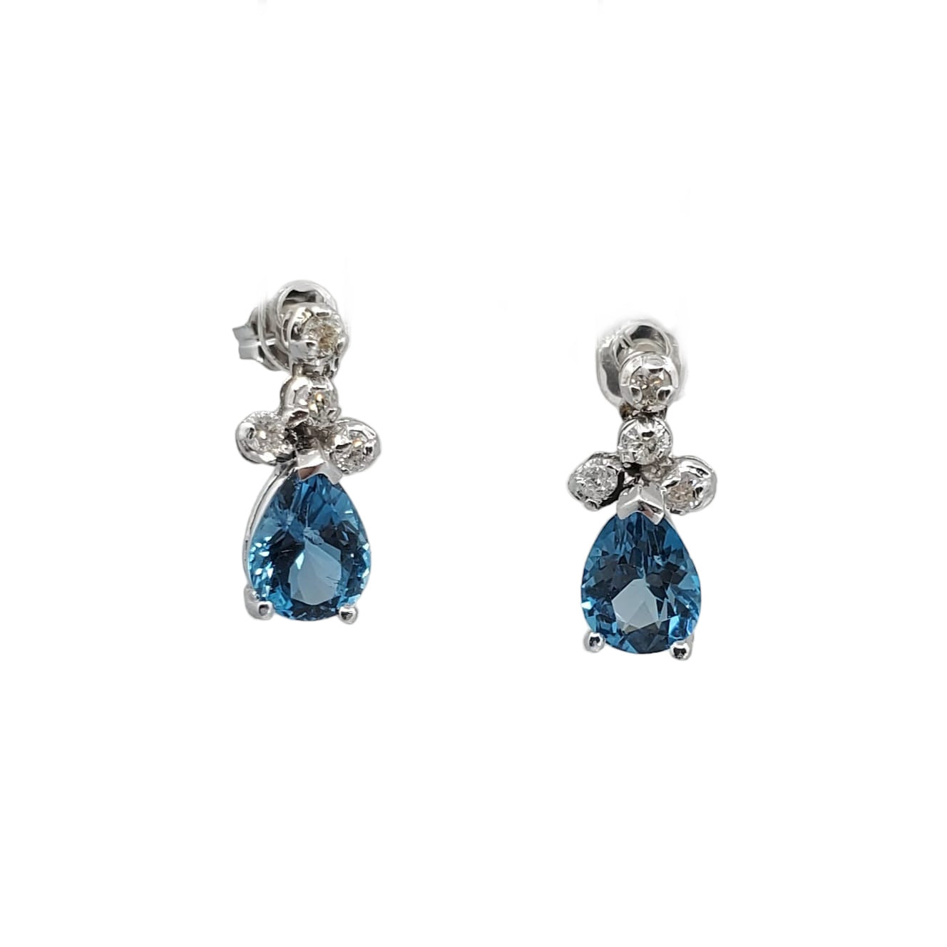 White Gold Blue Topaz and Diamond Drop Earrings