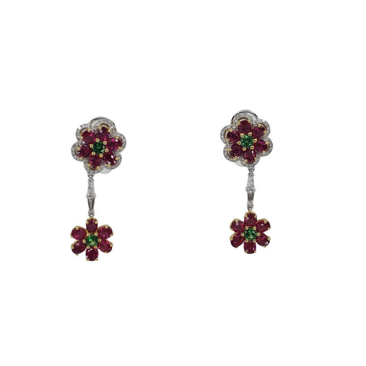 Two Tone Gold Ruby and Garnet Drop Earrings