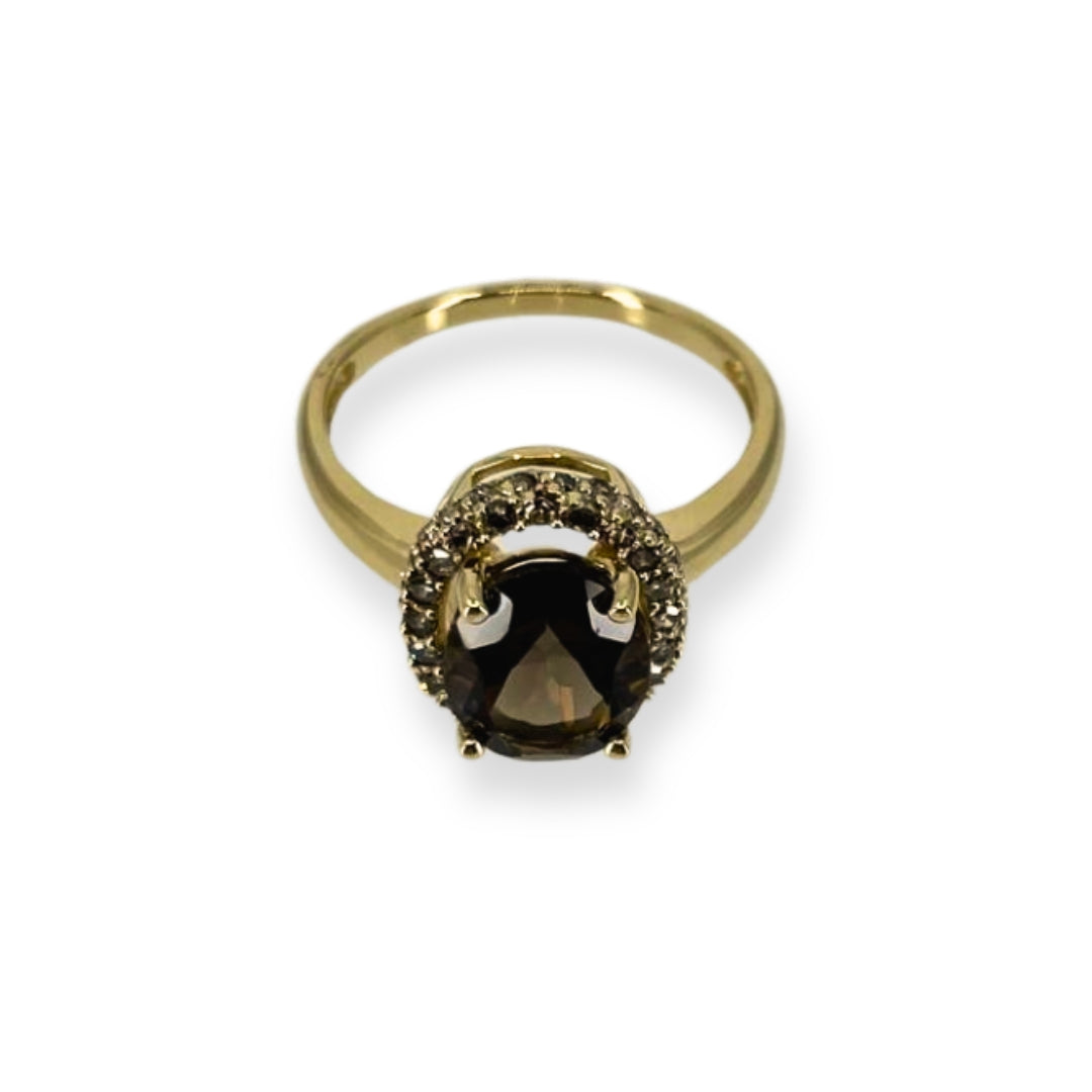 Yellow Gold Smokey Quartz Ring with Round Chocolate Diamonds