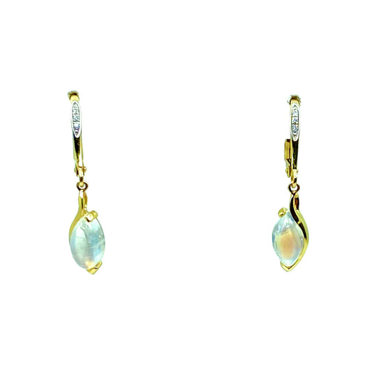 Yellow Gold Moonstone and Diamond Lever Back Earrings