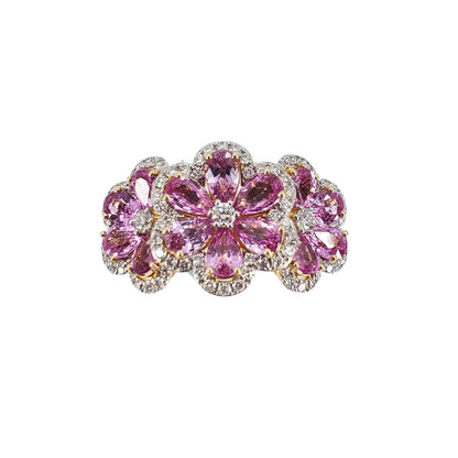 18 Karat Yellow Gold Pink Sapphire and Round Diamond Triple Flower Ring