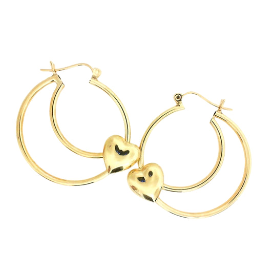 Yellow Gold Double Hoops With Heart