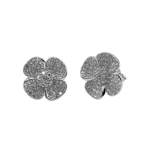 White Sterling Silver Pave Flower Earrings