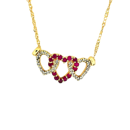 Two Tone Three Heart Ruby Necklcae